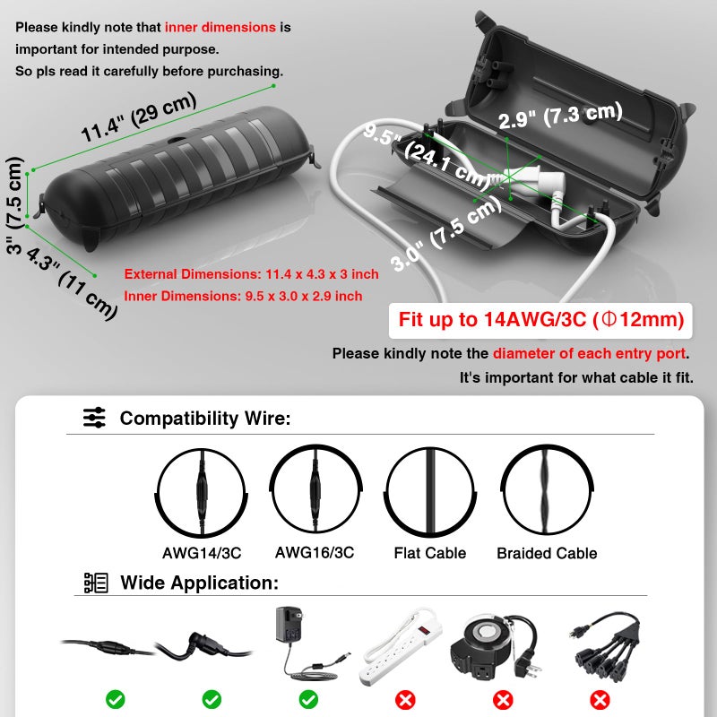 Flemoon Outdoor Extension Cord Safety Cover with Waterproof Protector Seal, Weatherproof Electrical Connection Box for Outdoor Outlets, Plugs, Sockets, Holiday Decorations, Power Tools, Black - Image 2